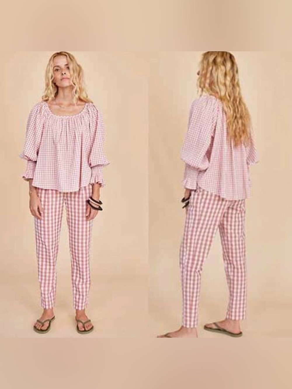Hunter Bell Rosette Gingham Lucia Scoop Neck Blouse Top 3/4 Sleeves M